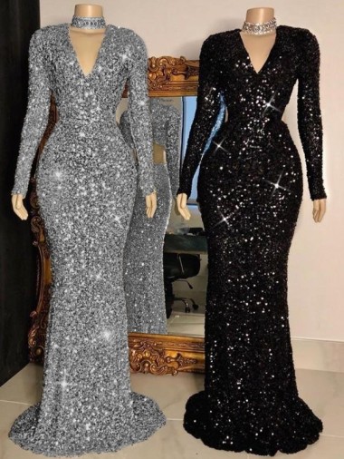 Velvet Sequin Sweep Train V-Neck Sheath Prom Dress Plymouth