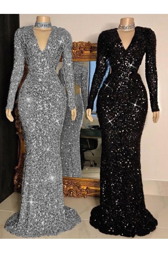 Velvet Sequin Sweep Train V-Neck Sheath Prom Dress Plymouth
