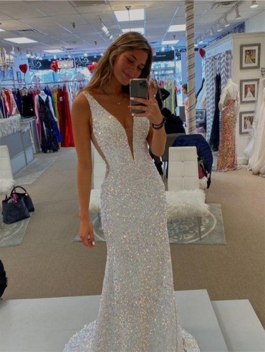 Velvet Sequin Sweep Train V-Neck Sheath Prom Dresses Plymouth