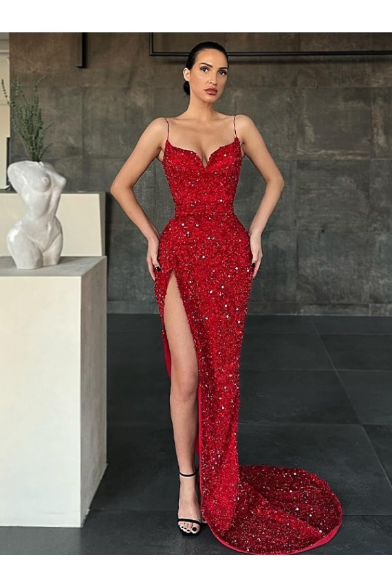 Velvet Sequin Sleeveless V-Neck Red Sheath Evening Gown / Prom Dress Plymouth