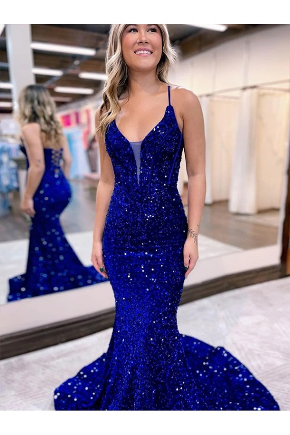 Velvet Sequin Court Train V-Neck Mermaid Prom Dress Plymouth