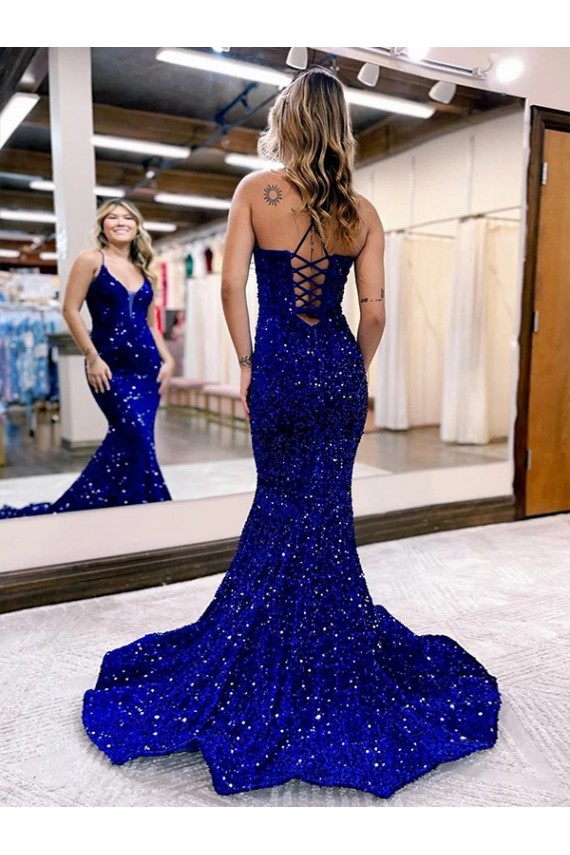 Velvet Sequin Court Train V-Neck Mermaid Prom Dress Plymouth
