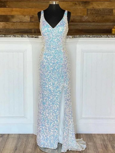 Velvet Sequin Sweep Train V-Neck Sheath Evening Gown / Prom Dress Plymouth