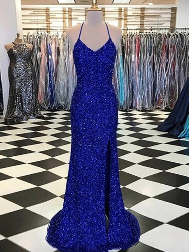 Velvet Sequin Sleeveless V-Neck Royal Blue Sheath Prom Dress / Evening Gown Plymouth