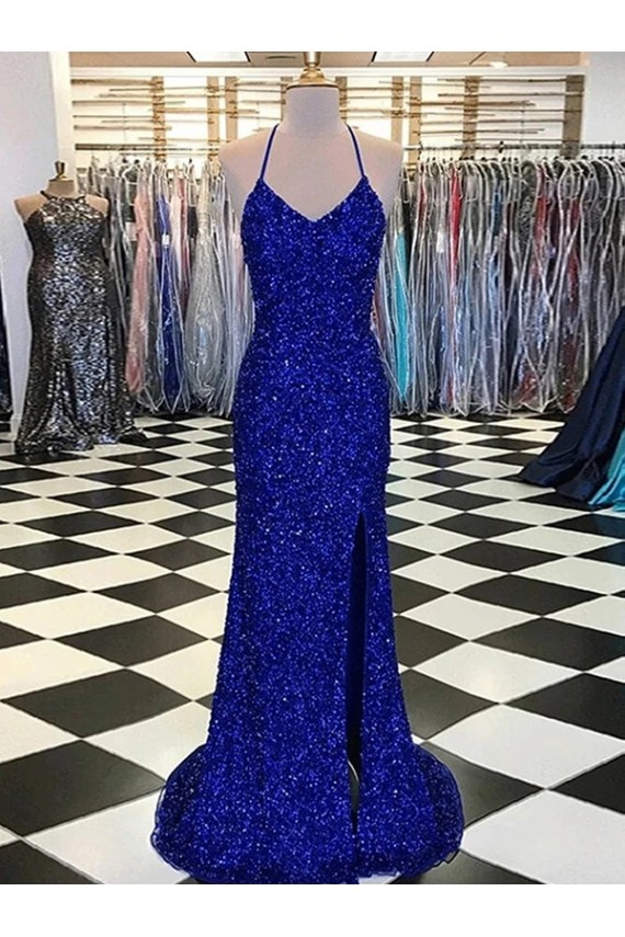 Velvet Sequin Sleeveless V-Neck Royal Blue Sheath Prom Dress / Evening Gown Plymouth