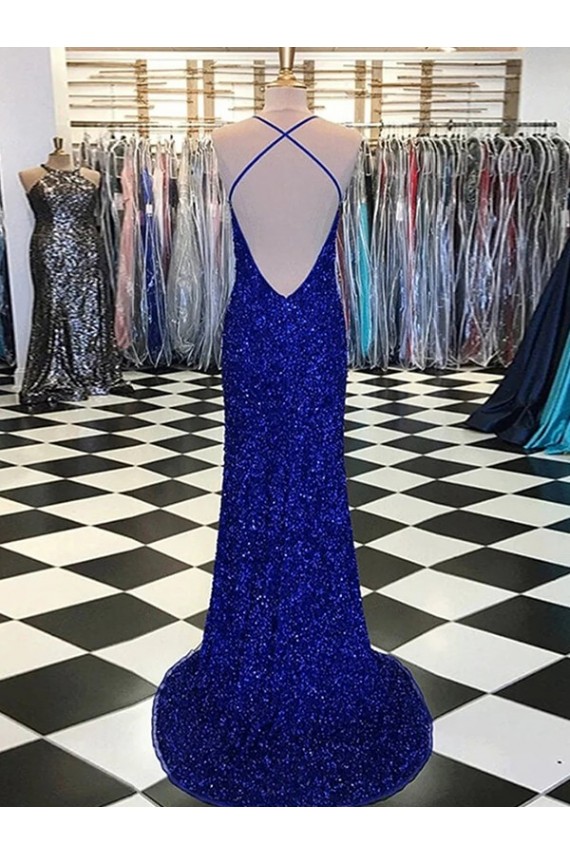 Velvet Sequin Sleeveless V-Neck Royal Blue Sheath Prom Dress / Evening Gown Plymouth