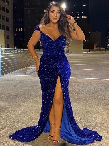 Velvet Sequin Sweep Train V-Neck Sheath Dress Plymouth