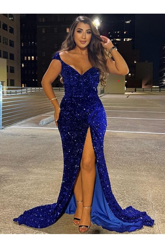 Velvet Sequin Sweep Train V-Neck Sheath Dress Plymouth