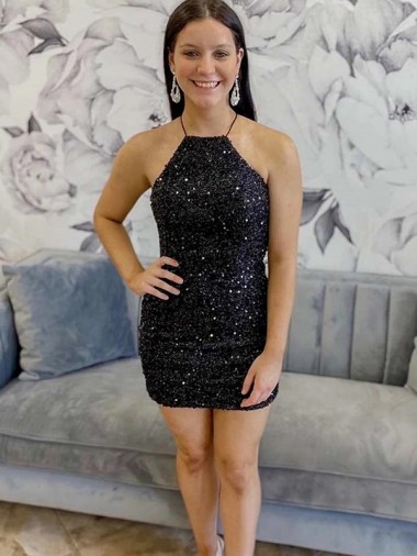 Velvet Sequin Short Halter Neck Sheath Prom Dress Plymouth