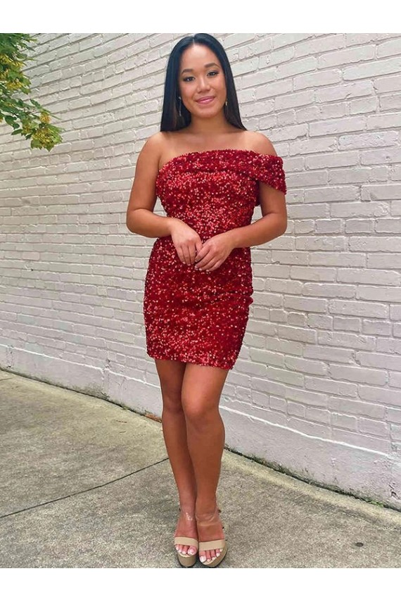 Velvet Sequin Short One Shoulder Sheath Prom Dress Plymouth