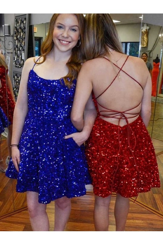 Velvet Sequin Short Spaghetti Straps A-Line Prom Dress Plymouth