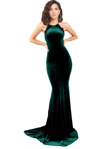 Stretch Velvet Low Back Sweep Train High Neck Mermaid Formal Evening Gown / Prom Dress / Bridesmaid Dress Plymouth