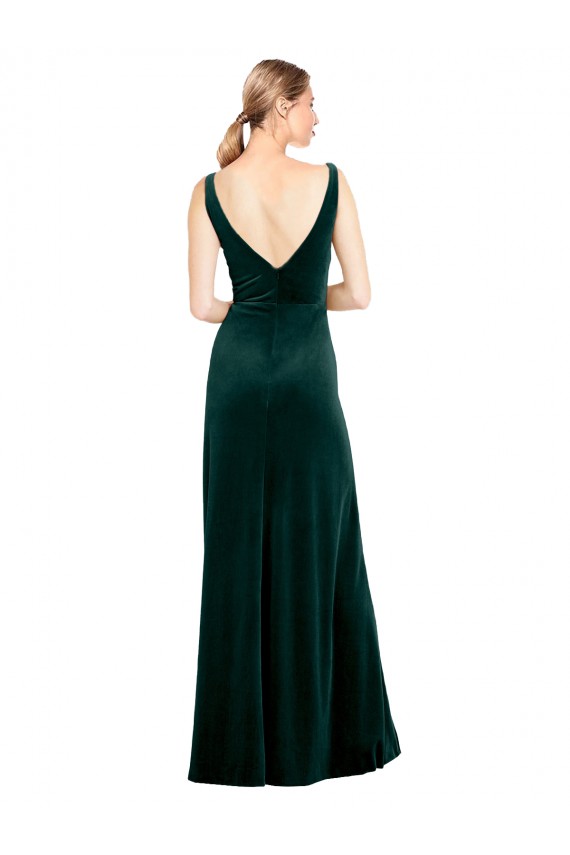Stretch Velvet V-Back Long V-Neck A-Line Black Tie Evening Dress / Prom Dress / Bridesmaid Dress Plymouth