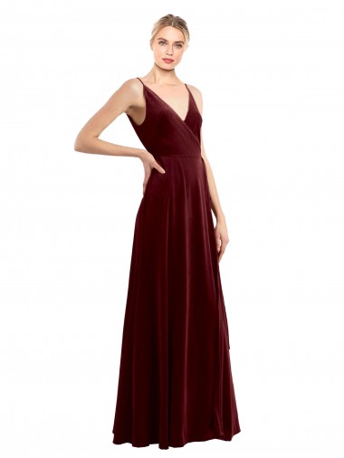 Stretch Velvet V-Back Long V-Neck Burgundy A-Line Bridesmaid Dress / Evening Dress Plymouth