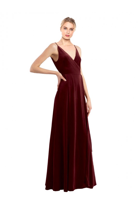Stretch Velvet V-Back Long V-Neck Burgundy A-Line Bridesmaid Dress / Evening Dress Plymouth
