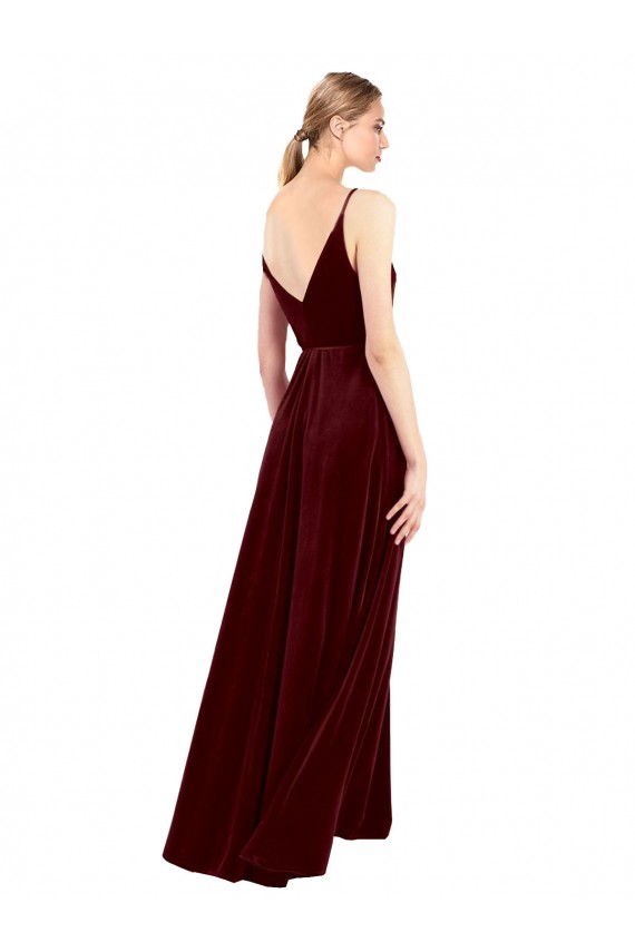 Stretch Velvet V-Back Long V-Neck Burgundy A-Line Bridesmaid Dress / Evening Dress Plymouth