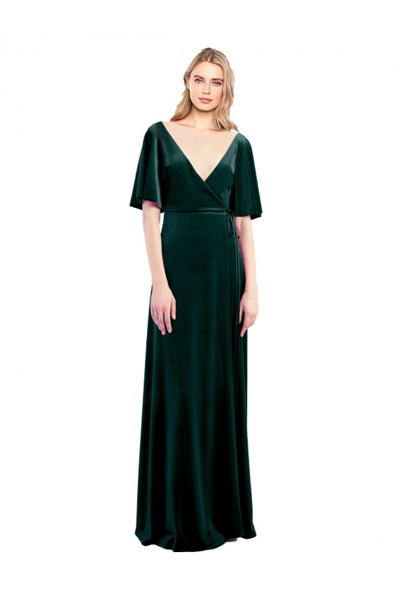 Stretch Velvet V-Back Long V-Neck Dark Green A-Line Prom Dress / Bridesmaid Dress Plymouth