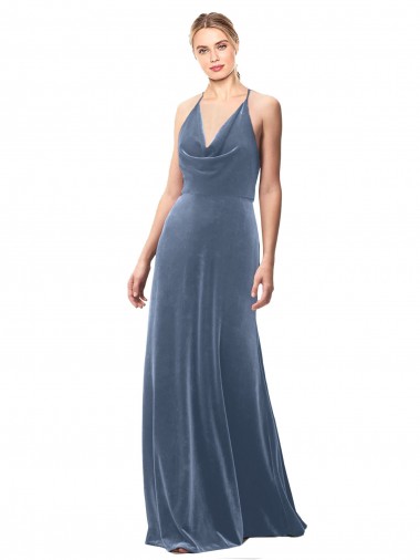 Stretch Velvet Keyhole Back Long Spaghetti Straps Dusty Blue A-Line Prom Dress / Bridesmaid Dress Plymouth