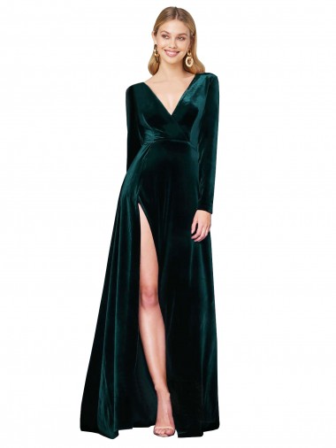 Stretch Velvet Sweep Train V-Neck A-Line Black Tie Evening Gown / Prom Dress / Bridesmaid Dress Plymouth