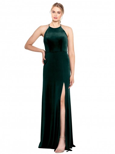 Stretch Velvet Keyhole Back Long Spaghetti Straps Dark Green A-Line Prom Dress / Bridesmaid Dress Plymouth