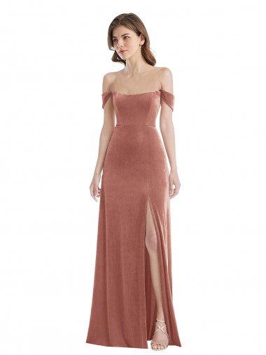 Stretch Velvet Long Off the Shoulder Cinnamon Rose A-Line Semi Formal Evening Dress / Prom Dress / Bridesmaid Dress Plymouth