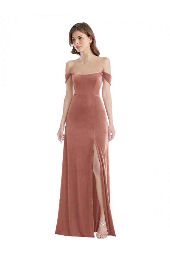 Stretch Velvet Long Off the Shoulder Cinnamon Rose A-Line Semi Formal Evening Dress / Prom Dress / Bridesmaid Dress Plymouth