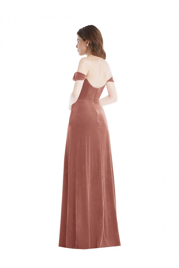 Stretch Velvet Long Off the Shoulder Cinnamon Rose A-Line Semi Formal Evening Dress / Prom Dress / Bridesmaid Dress Plymouth