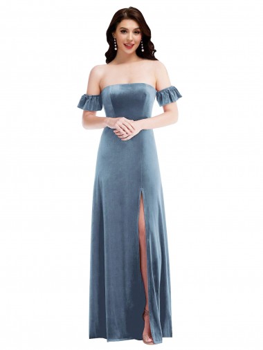 Stretch Velvet Low Back Long Off the Shoulder A-Line Formal Dress / Bridesmaid Dress Plymouth