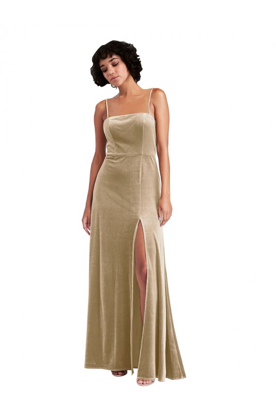Stretch Velvet Low Back Long Square Neck A-Line Formal Evening Gown / Prom Dress / Bridesmaid Dress Plymouth