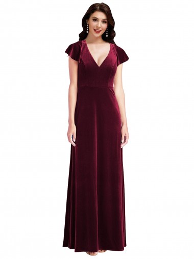 Stretch Velvet Long V-Neck A-Line Semi Formal Evening Dress / Prom Dress / Bridesmaid Dress Plymouth