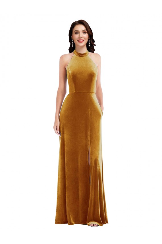 Stretch Velvet Keyhole Back Long Halter Neck Trumpet Semi Formal Evening Dress / Prom Dress / Bridesmaid Dress Plymouth