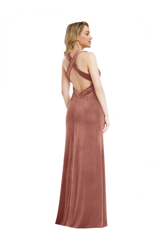 Stretch Velvet Criss Cross Open Back Long V-Neck A-Line Bridesmaid Dress / Evening Dress Plymouth
