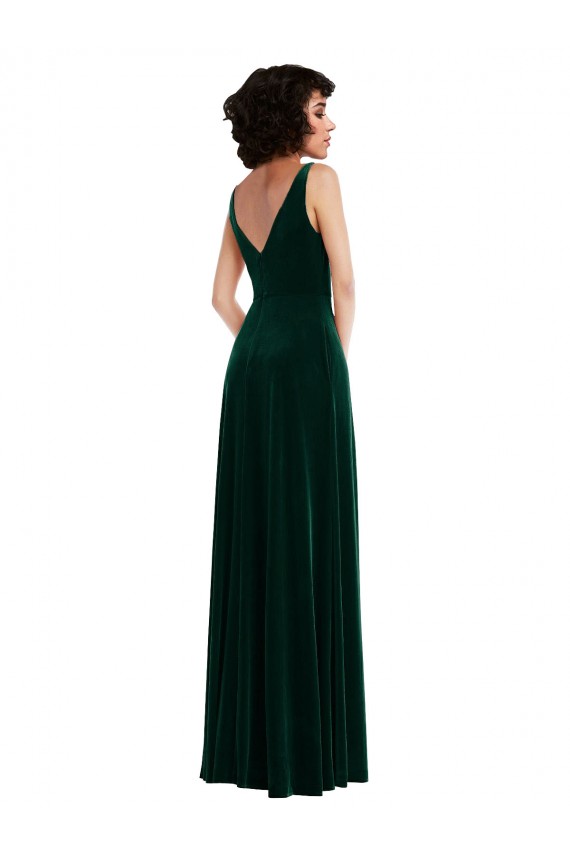 Stretch Velvet V-Back Long V-Neck Dark Green A-Line Bridesmaid Dress / Evening Dress Plymouth