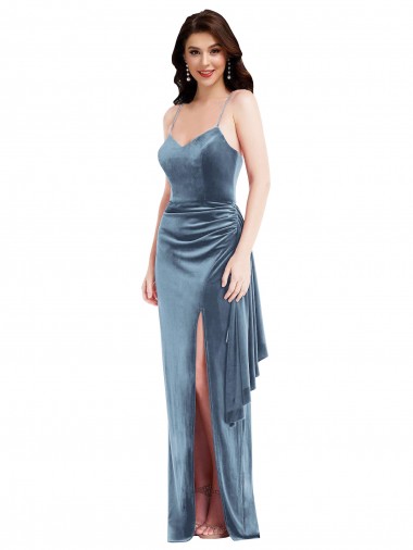 Stretch Velvet Low Back Long Spaghetti Straps Trumpet Formal Evening Gown / Prom Dress / Bridesmaid Dress Plymouth