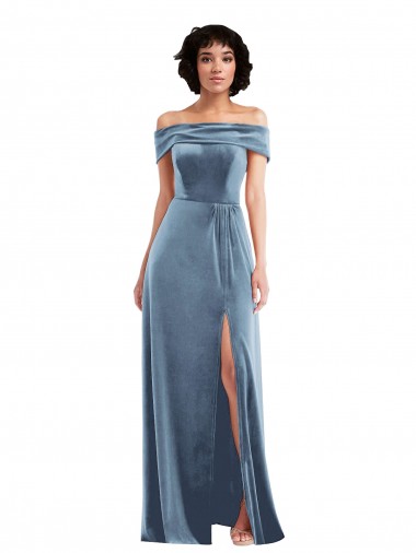 Stretch Velvet Long Off the Shoulder Dusty Blue A-Line Semi Formal Evening Dress / Prom Dress / Bridesmaid Dress Plymouth