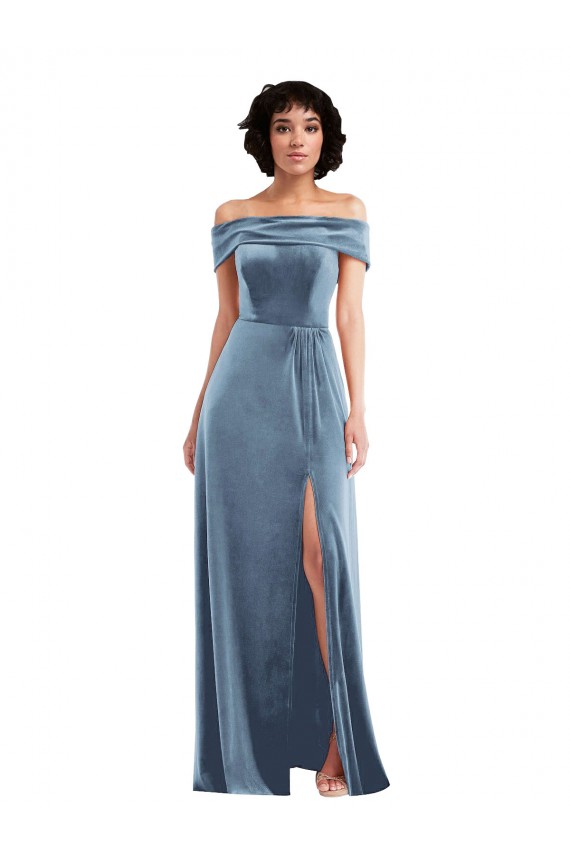 Stretch Velvet Long Off the Shoulder Dusty Blue A-Line Semi Formal Evening Dress / Prom Dress / Bridesmaid Dress Plymouth