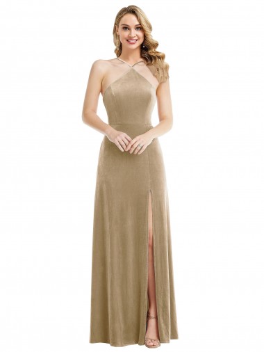 Stretch Velvet Open Back Long Halter Neck A-Line Semi Formal Evening Dress / Prom Dress / Bridesmaid Dress Plymouth