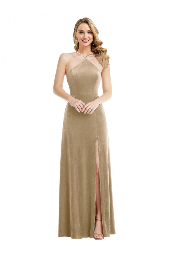 Stretch Velvet Open Back Long Halter Neck A-Line Semi Formal Evening Dress / Prom Dress / Bridesmaid Dress Plymouth