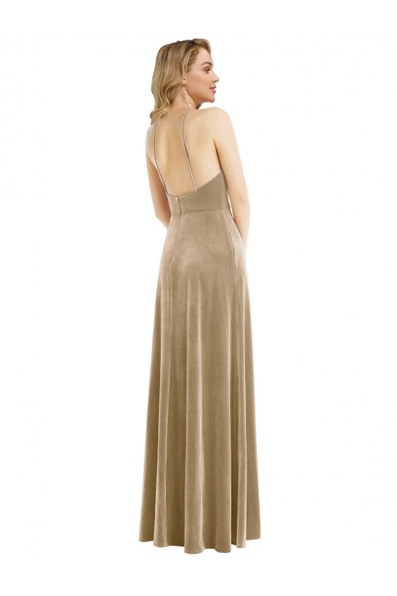 Stretch Velvet Open Back Long Halter Neck A-Line Semi Formal Evening Dress / Prom Dress / Bridesmaid Dress Plymouth