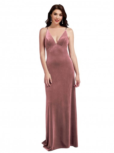 Stretch Velvet Low Back Long V-Neck Cinnamon Rose A-Line Formal Evening Gown / Prom Dress / Bridesmaid Dress Plymouth