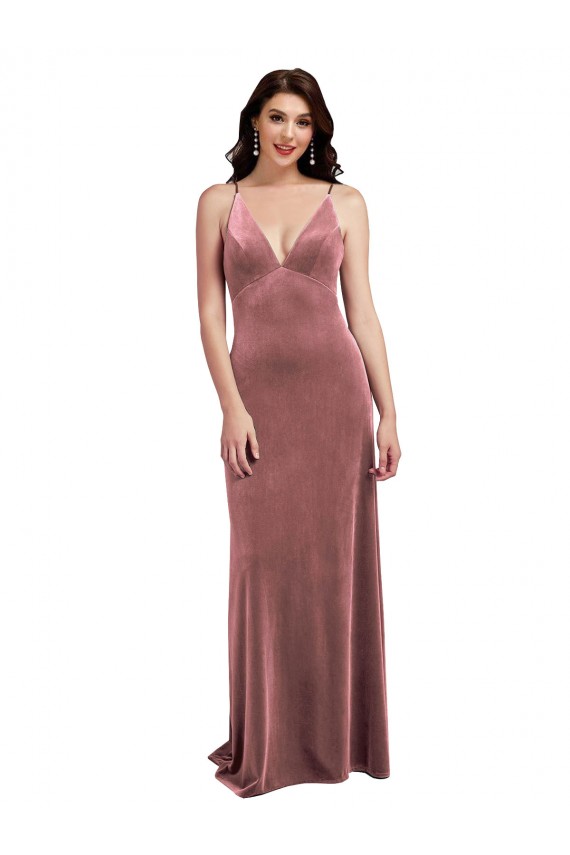 Stretch Velvet Low Back Long V-Neck Cinnamon Rose A-Line Formal Evening Gown / Prom Dress / Bridesmaid Dress Plymouth