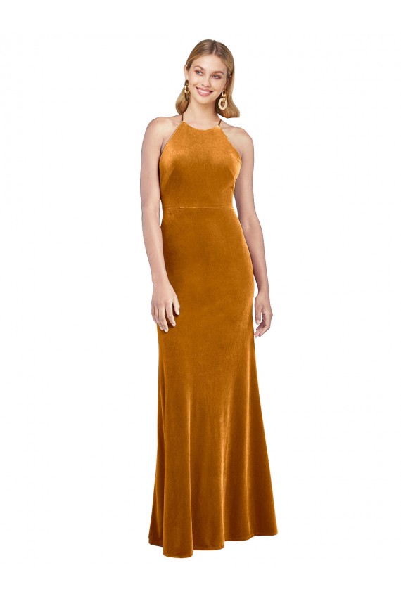 Stretch Velvet Criss Cross Open Back Long Halter Neck A-Line Formal Evening Gown / Prom Dress / Bridesmaid Dress Plymouth