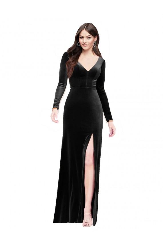 Stretch Velvet V-Back Long V-Neck Column Formal Evening Gown / Prom Dress / Bridesmaid Dress Plymouth