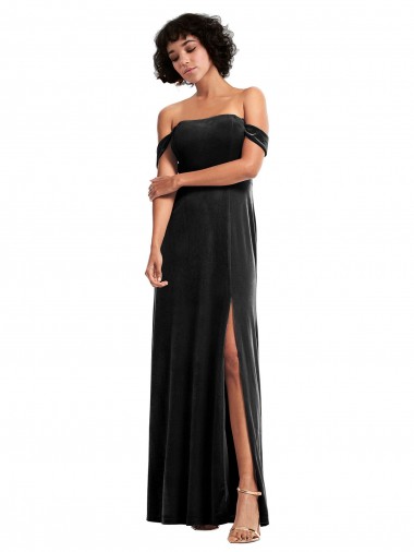 Stretch Velvet Long Off the Shoulder Black A-Line Formal Evening Gown / Prom Dress / Bridesmaid Dress Plymouth