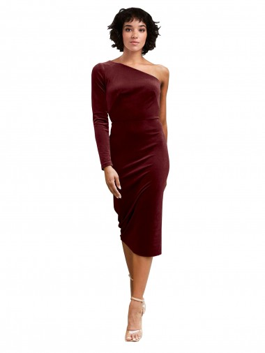 Stretch Velvet Midi Length One Shoulder A-Line Black Tie Prom Dress / Bridesmaid Dress Plymouth