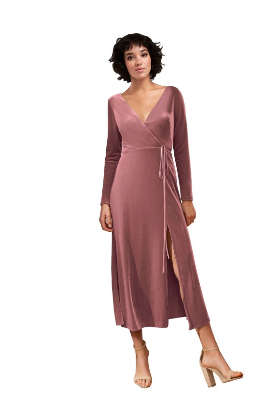 Stretch Velvet Midi Length V-Neck A-Line Black Tie Prom Dress / Bridesmaid Dress Plymouth