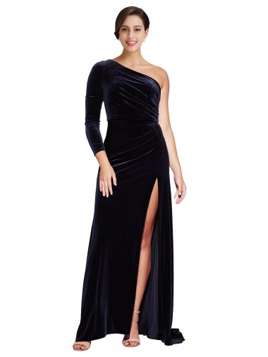Stretch Velvet Sweep Train One Shoulder A-Line Formal Evening Gown / Prom Dress / Bridesmaid Dress Plymouth