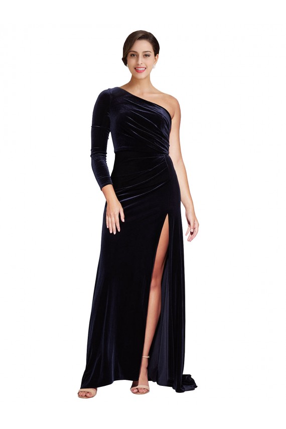 Stretch Velvet Sweep Train One Shoulder A-Line Formal Evening Gown / Prom Dress / Bridesmaid Dress Plymouth