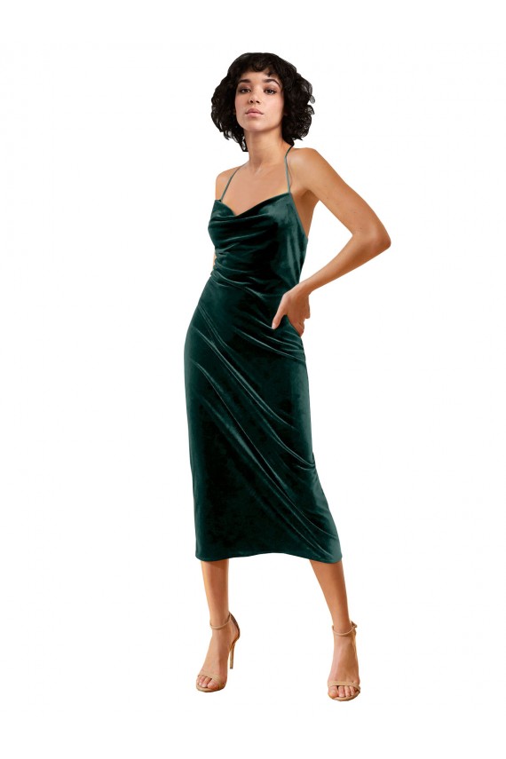 Stretch Velvet Criss Cross Open Back Midi Length Spaghetti Straps Sheath Formal Dress / Bridesmaid Dress Plymouth