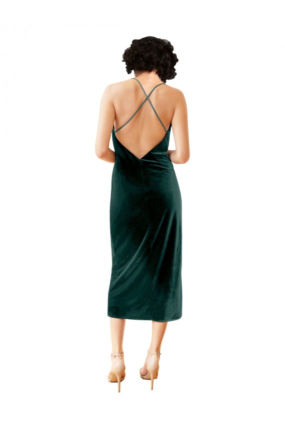 Stretch Velvet Criss Cross Open Back Midi Length Spaghetti Straps Sheath Formal Dress / Bridesmaid Dress Plymouth